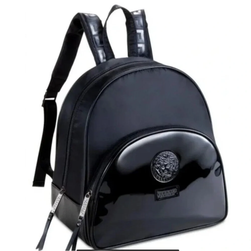 Versace Medusa head black faux patent leather nylon backpack